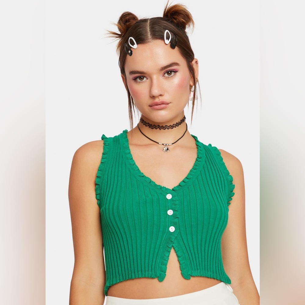 Cotton Candy LA Ribbed Button Up Crop Top in Green